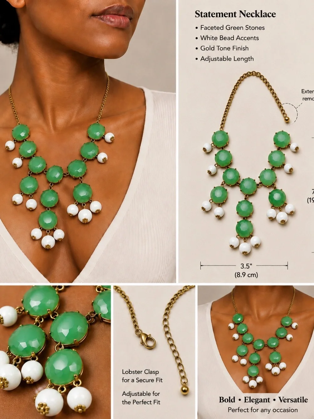 Vintage Gold-Tone Statement Necklace with Green Faceted Stones & White Beads